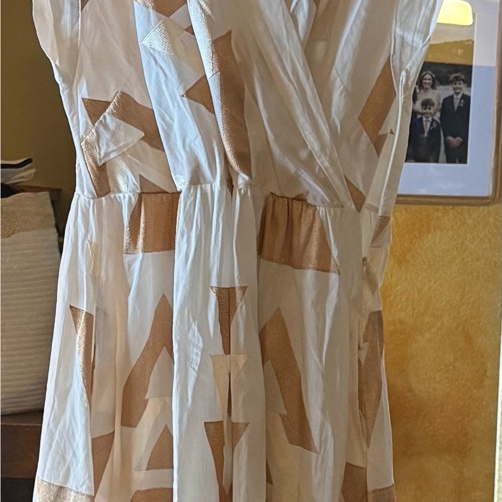 Cream Midi Dress with Metallic Tan Geometric Print